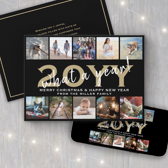 What a Year Modern 10 Photo Collage Black and Gold Holiday Card (Creator Uploaded)
