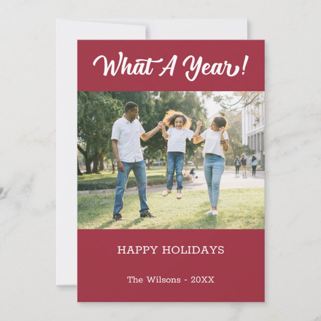 What A Year Modern 2 Photo Burgundy Holiday Card (Front)