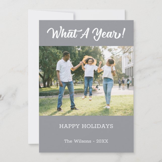 What A Year Modern 2 Photo Grey Holiday Card (Front)