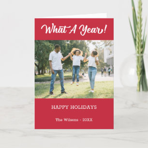 What A Year Modern 2 Photo Red Holiday Card