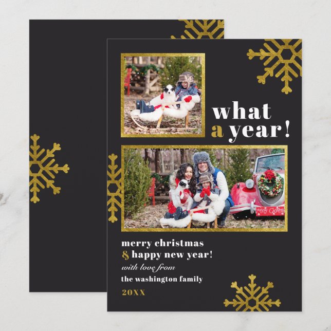 What A Year! | Modern Black & Gold Christmas Photo Invitation (Front/Back)