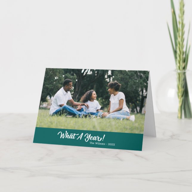 What A Year Modern Photo Teal Holiday Card (Front)