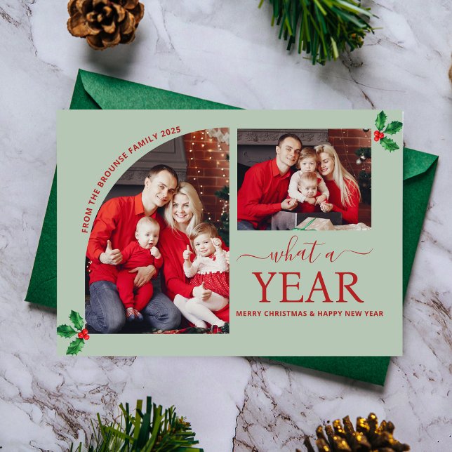 What a Year Multi Photo Collage Christmas Greenery Card (What a Year Multi Photo Collage Christmas Greenery Card elegant classic typography modern minimalist)
