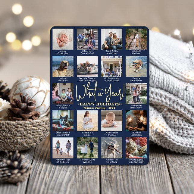 What a Year! Navy Blue 18 Photo Collage & Captions Foil Holiday Card (Creator Uploaded)