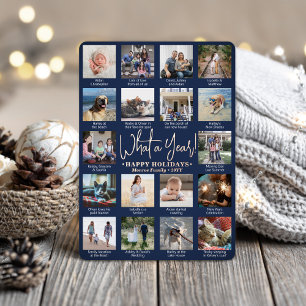 What a Year! Navy Blue 18 Photo Collage Modern Foil Holiday Card