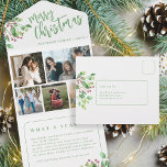 What a year photo botanical foliage Christmas card<br><div class="desc">Modern elegant Merry Christmas handwritten brushed green calligraphy script with 5 family photo collage tri fold year in review holiday card with your custom personalized text on both sides featuring green watercolor branches of botanical foliage with holy berries.</div>
