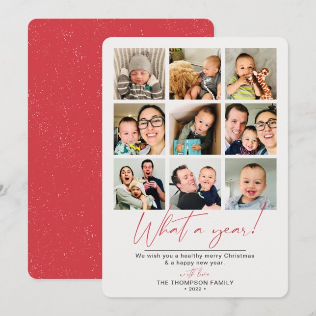 What a Year Red Photo Collage  Holiday Card (Front/Back)