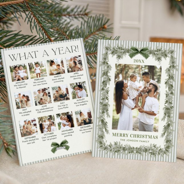 What a Year Sage Green Bow Christmas 13 Photo Holiday Card (Creator Uploaded)