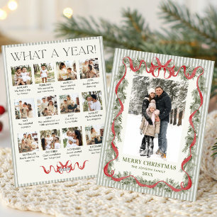 What a Year Sage Green Red Bow Christmas 13 Photo Holiday Card