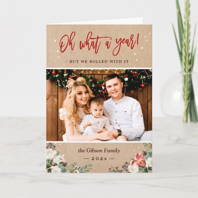 What A Year Script Rustic Floral Kraft Photo Holiday Card (Front)