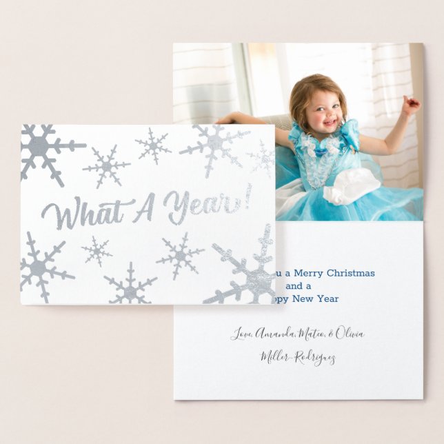What A Year Silver Snowflakes Custom Photo Holiday Foil Card (Display)