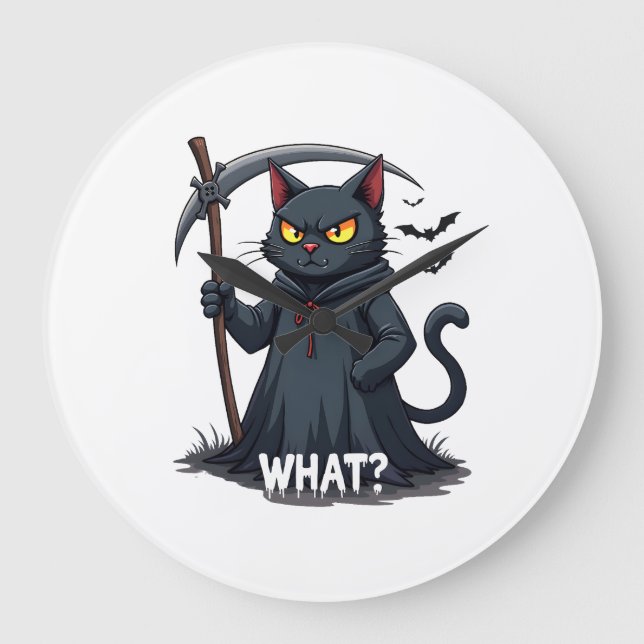 What Cat Black Cat Halloween Scary Cat Angry Cat F Large Clock (Front)