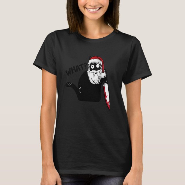 What Cat Santa Hat With Knife Cat  Funny Christmas T-Shirt (Front)