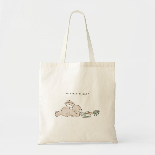 "what 'cha readin'" cute bunny with book tote bag (Front)