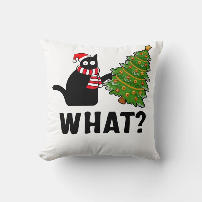What Christmas Tree Funny Black Cat Throw Pillow (Front)