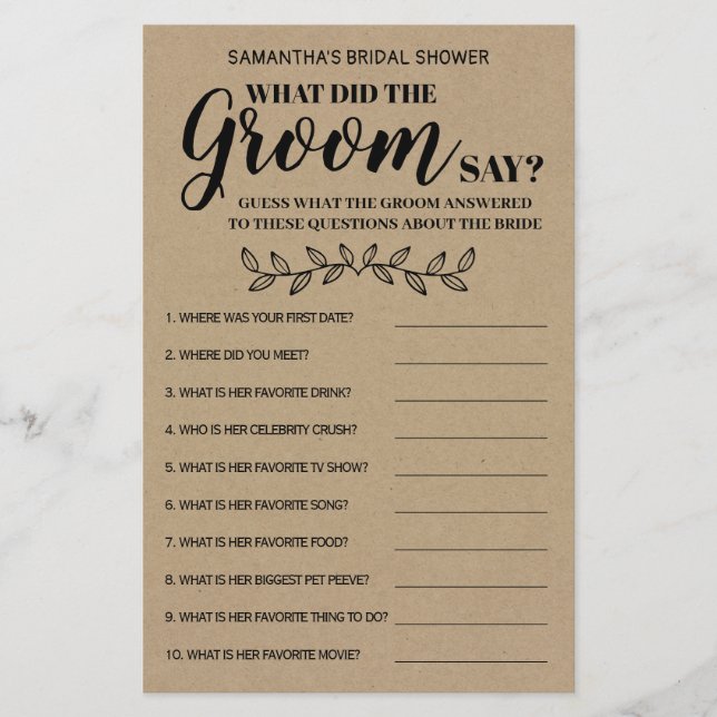 What did Groom Say Rustic Bridal Shower Game Card (Front)