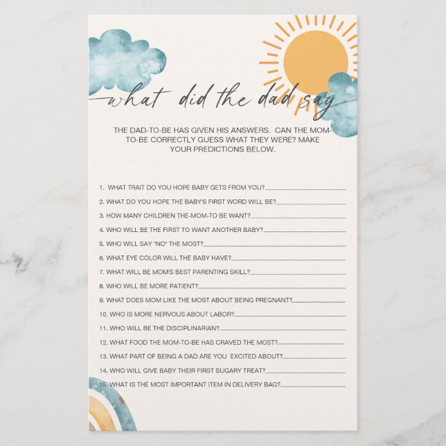 What Did The Dad Say Baby Shower Game Card (Front)
