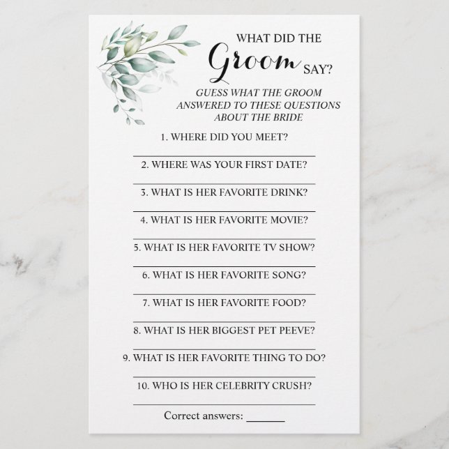 What did the Groom Say Bridal Shower Game Card (Front)