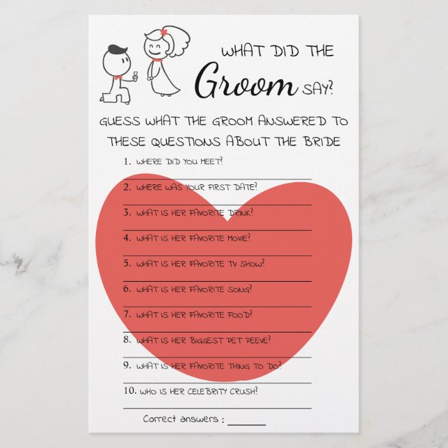 What did the Groom Say Bridal Shower Game Card (Front)