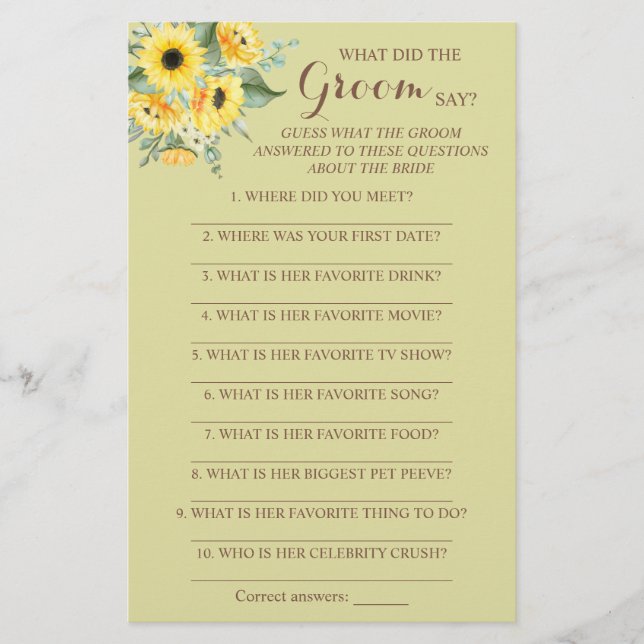 What did the Groom Say Bridal Shower Game Card Fly (Front)