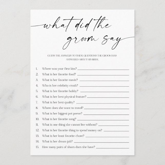 What Did The Groom Say Bridal Shower Game Program (Front)