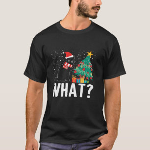 What Funny Black Cat Pushing Christmas Tree Over X T-Shirt