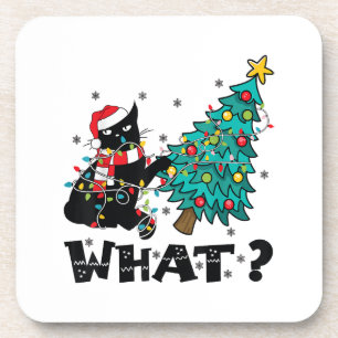 WHAT Funny Black Cat Santa Pushing Christmas Tree Coaster