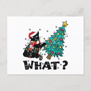 WHAT Funny Black Cat Santa Pushing Christmas Tree  Holiday Postcard