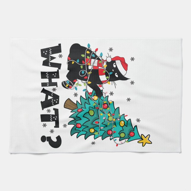 WHAT Funny Black Cat Santa Pushing Christmas Tree  Kitchen Towel (Horizontal)