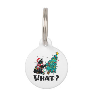 WHAT Funny Black Cat Santa Pushing Christmas Tree  Pet Tag