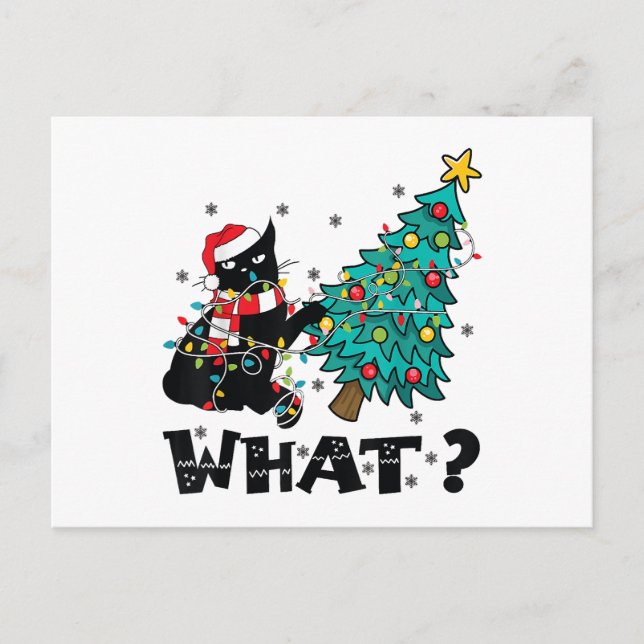 WHAT Funny Black Cat Santa Pushing Christmas Tree  Postcard (Front)