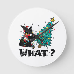 WHAT Funny Black Cat Santa Pushing Christmas Tree  Round Clock