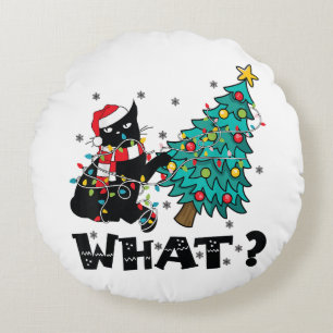 WHAT Funny Black Cat Santa Pushing Christmas Tree  Round Pillow