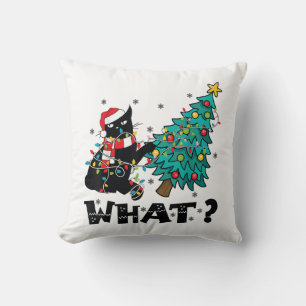 WHAT Funny Black Cat Santa Pushing Christmas Tree  Throw Pillow
