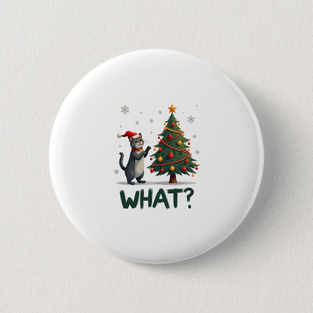 What Funny Cat Pushing Christmas Tree Over Cat Xma 2 Inch Round Button (Front)