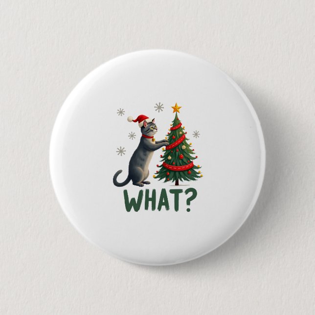 What Funny Cat Pushing Christmas Tree Over Cat Xma 2 Inch Round Button (Front)