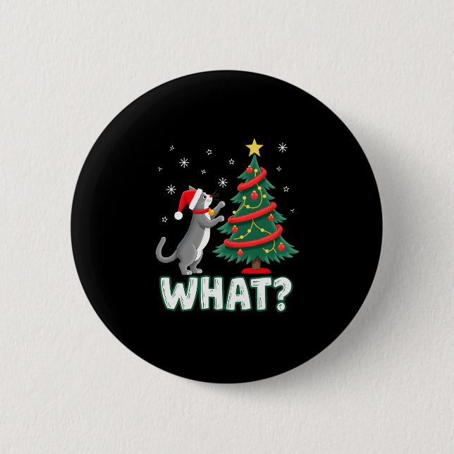 What Funny Cat Pushing Christmas Tree Over Cat Xma 2 Inch Round Button (Front)
