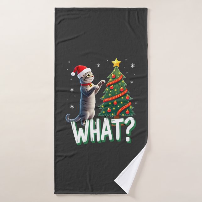 What Funny Cat Pushing Christmas Tree Over Cat Xma Bath Towel (Bath Towel)
