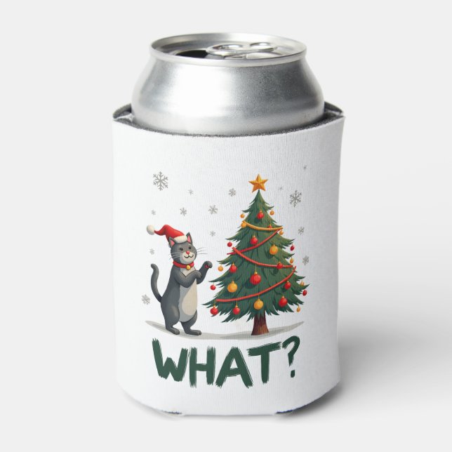 What Funny Cat Pushing Christmas Tree Over Cat Xma Can Cooler (Can Front)