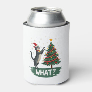 What Funny Cat Pushing Christmas Tree Over Cat Xma Can Cooler