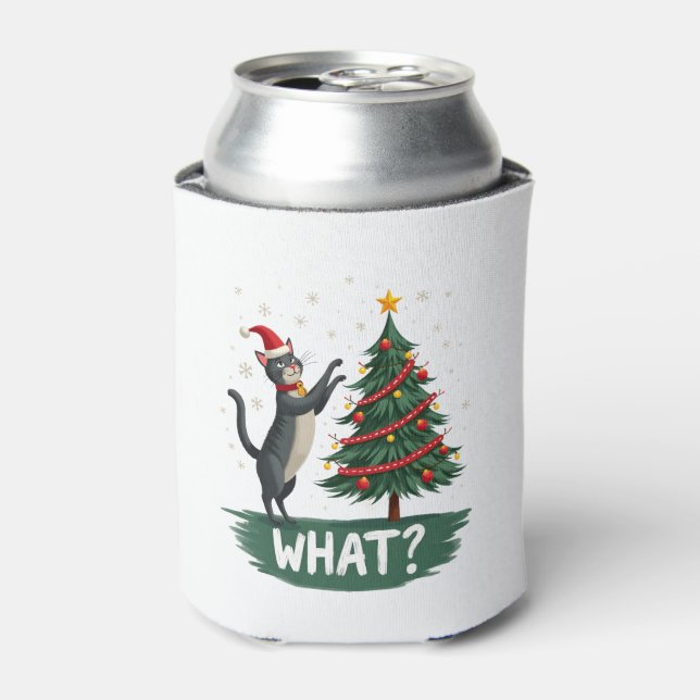 What Funny Cat Pushing Christmas Tree Over Cat Xma Can Cooler (Can Front)