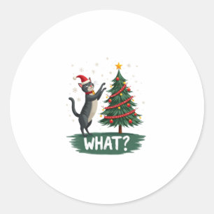 What Funny Cat Pushing Christmas Tree Over Cat Xma Classic Round Sticker