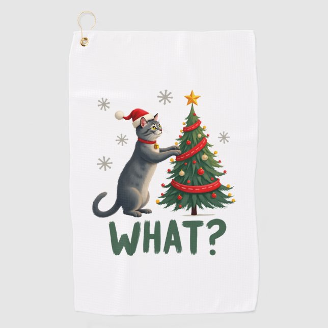 What Funny Cat Pushing Christmas Tree Over Cat Xma Golf Towel (Front)
