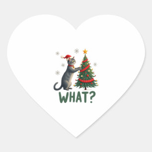 What Funny Cat Pushing Christmas Tree Over Cat Xma Heart Sticker