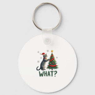 What Funny Cat Pushing Christmas Tree Over Cat Xma Keychain