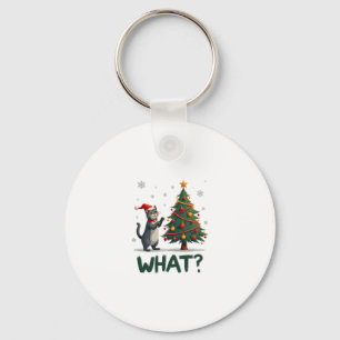 What Funny Cat Pushing Christmas Tree Over Cat Xma Keychain
