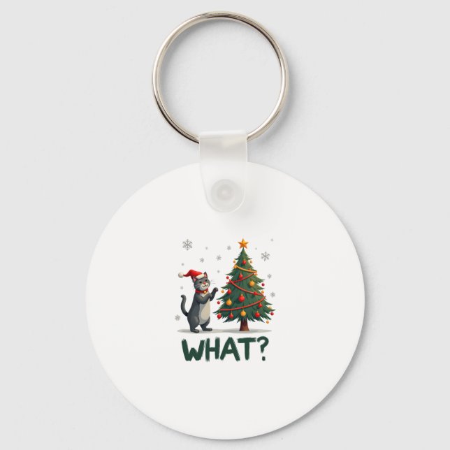 What Funny Cat Pushing Christmas Tree Over Cat Xma Keychain (Front)