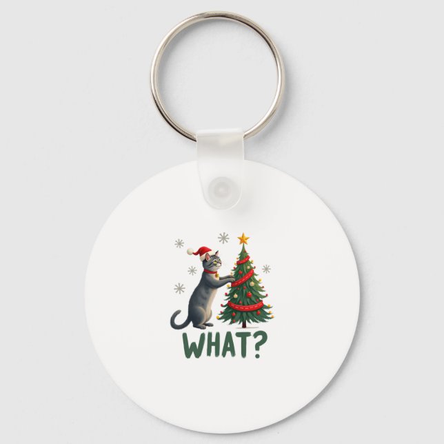 What Funny Cat Pushing Christmas Tree Over Cat Xma Keychain (Front)