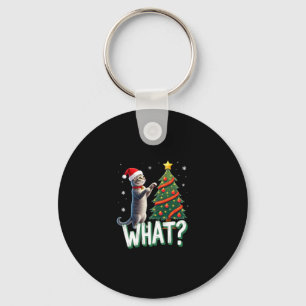 What Funny Cat Pushing Christmas Tree Over Cat Xma Keychain