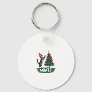What Funny Cat Pushing Christmas Tree Over Cat Xma Keychain